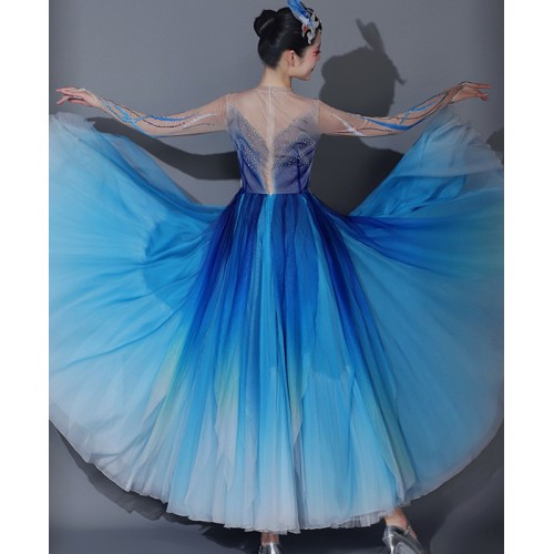 Women blue flamenco dance dress gradient chinese folk dance dress spanish paso double dance costumes